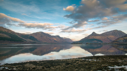 Fototapeta na wymiar reflection of the Pap of Glencoe in a perfect calm and still Loch Leven