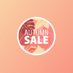 Advertising banner. Autumn sale. Shopping and discounted purchases. Circle badge on an orange background. Vector illustration.
