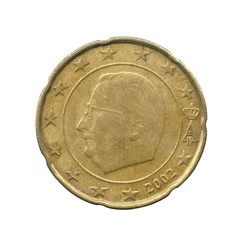 20 Euro cents coin of the Belgium isolated on a white background.