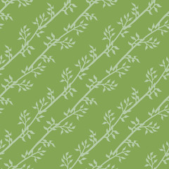 Seamless pattern with light green branches on green background for fabric, textile, clothes, tablecloth and other things. Vector image.