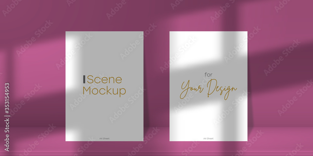 Poster scene mockup. two a4 paper sheet with transparent overlay shadow from the window and jalousie. abstr