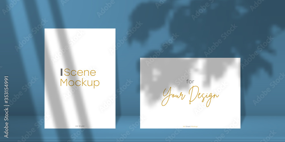 Poster scene mockup. two a4 paper sheet with transparent overlay shadow from window and jalousie, leaves an