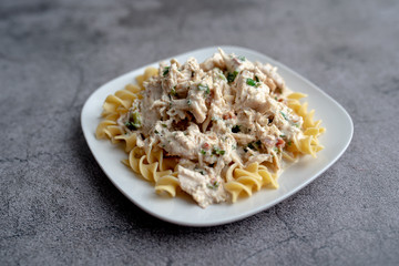 Crack chicken slow cooked dish over egg  pasta on a white plate 