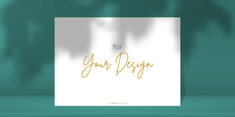 Scene mockup. A4 paper sheet with transparent overlay shadow from leaves, branches, plant or foliage. Abstract realistic green scene, 3D stage studio with bussines card or banners. Vector illustration