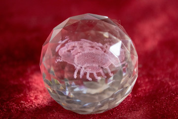 Scorpio and stars inside a transparent faceted abstract crystal on a bright red background.