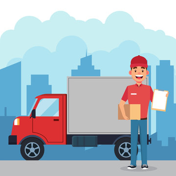 Smiling delivery man with cardbox courier and truck vector illustration