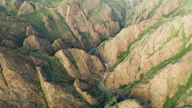 Yolyn Am or Eagle valley at sunset. Aerial view. Mongolia, Altai mountains