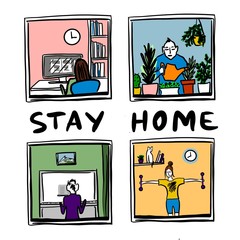 Hand drawn colorful sketch of people staying at home. Illustration of hobbies: musician, design, gardening, sports. Window view, interior. For theme of isolation, disability, home activities, health