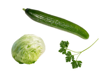 round iceberg lettuce, cucumber, sprig of parsley on a white background, isolate