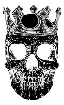 A human skeleton skull wearing a royal kings crown