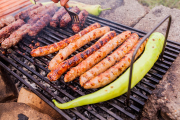 Grilling meat, Barbecue, BBQ party , camping food, outdoor activity