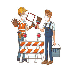 builders couple using medical masks and tools