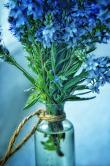 Veronica wild blue flowers in a glass bottle.