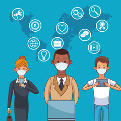 people wearing medical mask and smartphones and laptop for stay connected