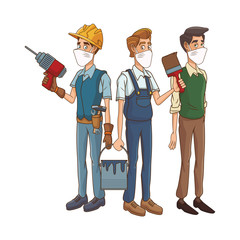 builders with man using medical masks and tools