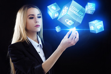 Business, Technology, Internet and network concept. Young businessman working on a virtual screen of the future and sees the inscription: Code of conduct