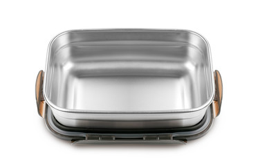 Isolated stainless steel food container on white background. Opened stainless steel food container box, empty box. Lid is under box, dark brown colour lid. Clipping path around object in file.