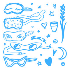 Set of sleeping masks and small doodles about dream and night. Glass of water, lavender, stars, hearts, moon. Vector graphic set of design elements. Isolated blue hand drawn lines, white background