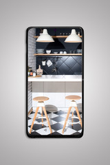 Black mobile phone mock up-kitchen