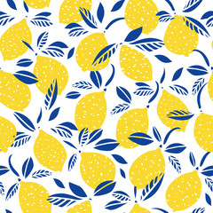 Vector lemon citrus pattern. Graphic modern summer repeating design. Hand drawn bright citrus fruit pattern with blue leaf on white background. Classy simple summer backdrop.