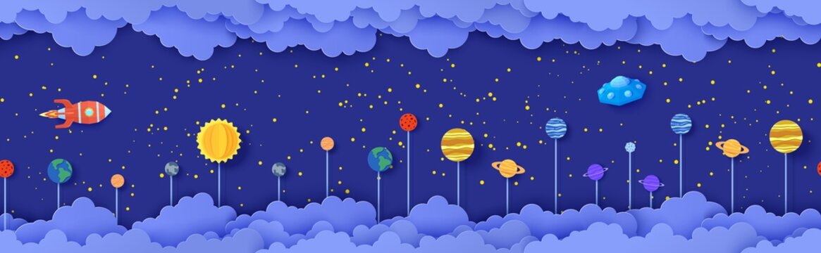 Night Sky Seamless Pattern With Planets On Stick In Paper Cut Style. Cut Out 3d Background With Cloudy Landscape With Space Solar System Papercut Art. Kids Vector Origami Repetitive Border