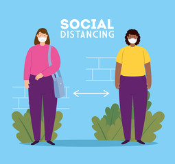 Fototapeta na wymiar social distancing, keep distance in public society to people protect from covid 19, women using face mask vector illustration design