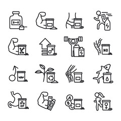 Sport supplements thin line icon set. Vector.