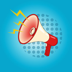 Vector poster with red-beige megaphone on halftone background.