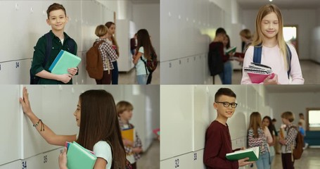 Collage of diverse pupils at school. Pretty Caucasian little girl with books standing in hall. Rear of teen closing her locker at school and smiling to camera. Happy boy reading book. School concept - Powered by Adobe
