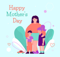 Mothers Day greeting card with mom hugging children, cartoon vector illustration.