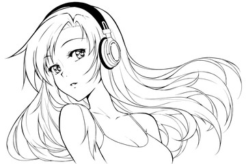 Beautiful anime girl in headphones listening to music