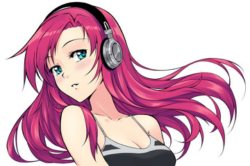 Fototapeta premium Beautiful red haired anime girl in headphones listening to music. Colored.