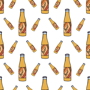 Seamless pattern with beer bottle on white background. Vector image.