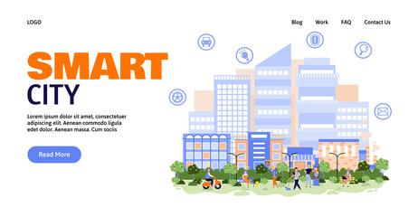 Smart city banner template with skyline view on town flat vector illustration.