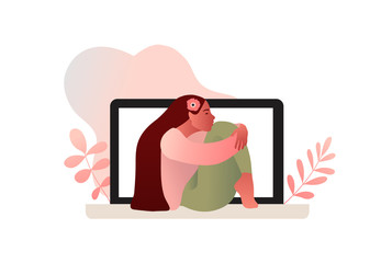 Sad lonely depressed girl sitting on the laptop. Young unhappy woman hugging her knees. Online psychotherapy. Cartoon character. Depressed teenager. Vector illustration in flat style