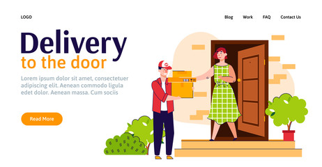 Delivery to the door banner with courier and client flat vector illustration.