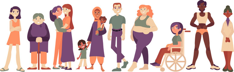 Different women stand. Flat vector set, pack