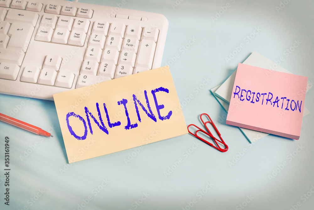 Poster writing note showing online registration. business concept for system for subscribing or registering