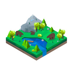 Vector illustration with brown bears. Isometric landscape. Wild animals in the forest.