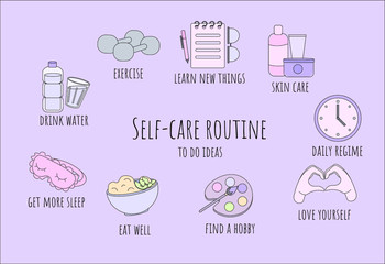 Self-care routine to do ideas. Flat line vector poster, banner, set, pack