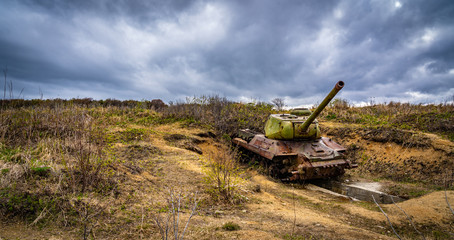 Soviet tank T-34 .. World War II. Karafuto. Coastline defense. Sakhalin