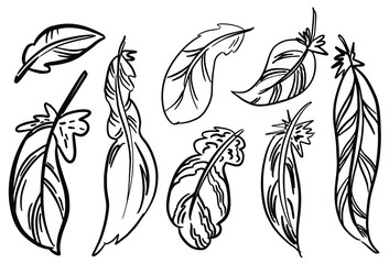 Rustic decorative feathers. Hand drawn vintage vector design set. sketch. Simple elegant graphical template design. Doodle Icon style illustration. wrapping paper, textiles, card, invitation, holiday