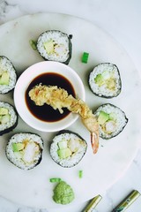 Homemade Shrimp tempura Sushi Roll ,pickled ginger,wasabi and soy sauce