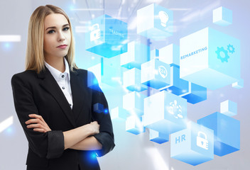 Business, Technology, Internet and network concept. Young businessman working on a virtual screen of the future and sees the inscription: Remarketing