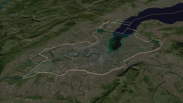 Gen&egrave;ve, canton with its capital, zoomed and extruded on the satellite map of Switzerland in the conformal Stereographic projection. Animation 3D
