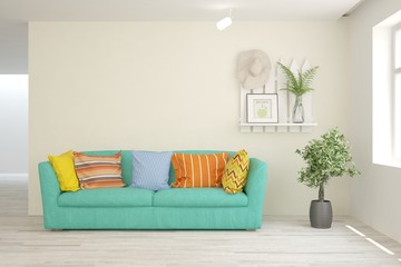 White living room with sofa. Scandinavian interior design. 3D illustration