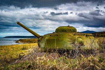 Soviet tank T-34 .. World War II. Karafuto. Coastline defense. Sakhalin