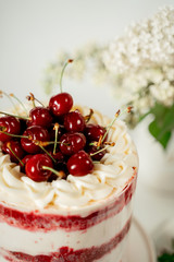 Red berry cake decorated with cherry berries and white cream, among lilac flowers and green leaves. Food photography. Advertising and commercial design.