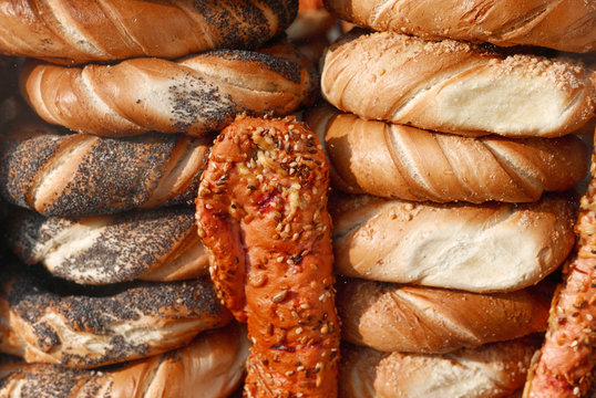 Close up of the famous Cracow bagels with poppy seed and sesame