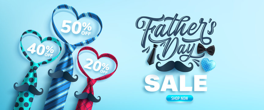 Father's Day Sale poster or banner template with heart shape by necktie on blue background.Greetings and presents for Father's Day.Promotion and shopping template for love dad
